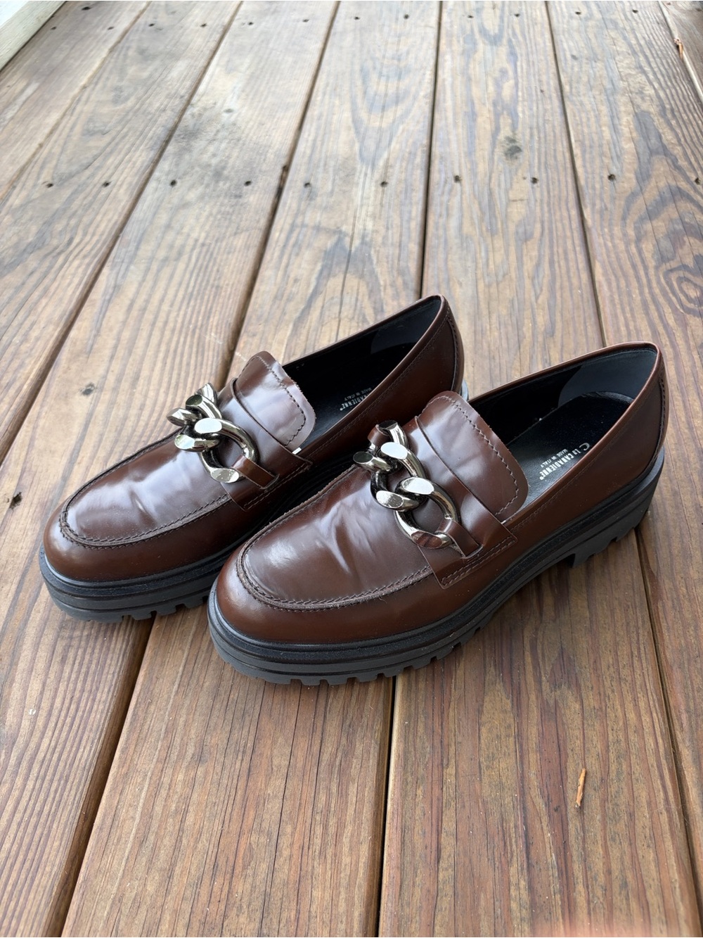 La CANADIENNE Brown Leather Chain-Accent Chunky Loafers